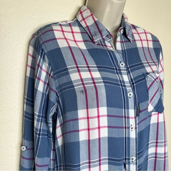 Woolrich Distressed Plaid Flannel Button Up Long Sleeve Roll Tab Women Medium - Picture 2 of 12